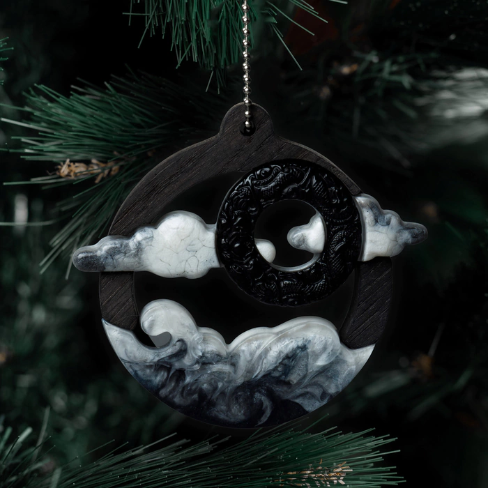 Mordovian jewelry Christmas tree toy "Landscape" with black obsidian